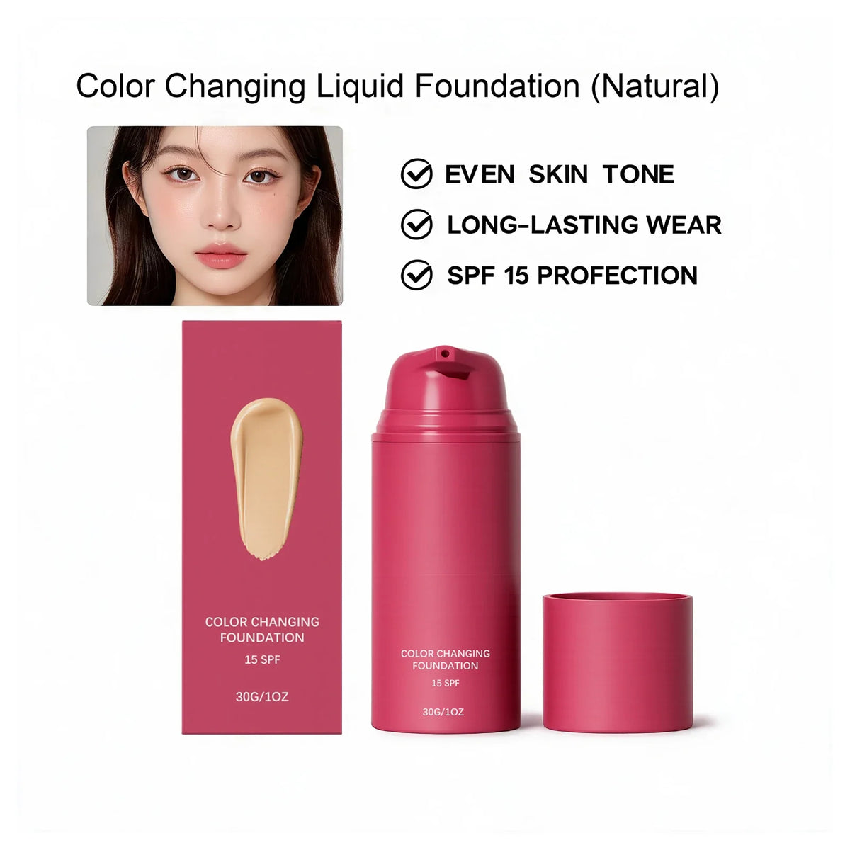 Color Changing Foundation Natural Color Spf15 Sun Protection Makeup Full Coverage Even Skin Tone Lightweight Moisturizing Makeup