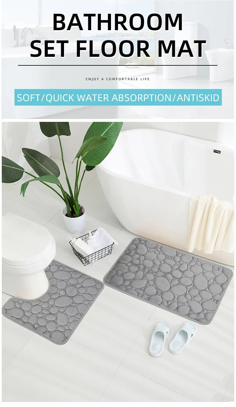 Embroidered Pebble Coral Velvet Floor Mat, Bathroom Carpet, U-shaped Sponge Absorbent Foot Mat, Door Mat, Two-piece Set