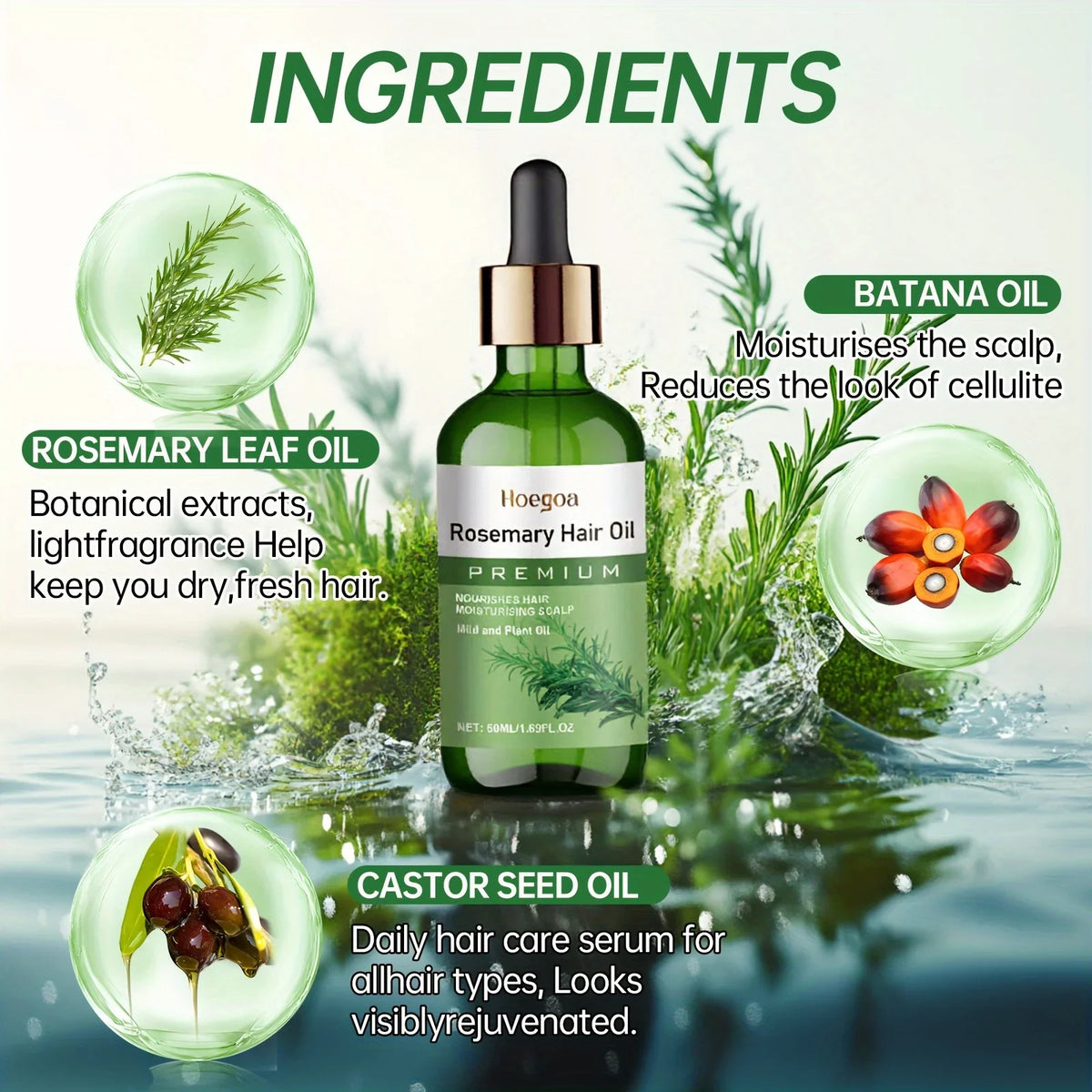 50ml Rosemary Hair Oil Contains Batana Castor Seed Nourishing Moisturizing Smoothing  Anti Hair Loss Fast Regrowth Thick Hair
