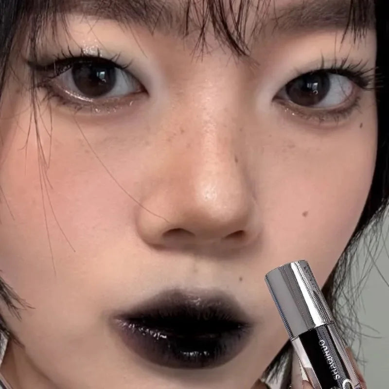 Black Gothic Lip Gloss Mirror Moist Matte Gothic Pure Black Silver Fine Flash Lip Glazed Low Saturation Lasting Lip Tint Makeup