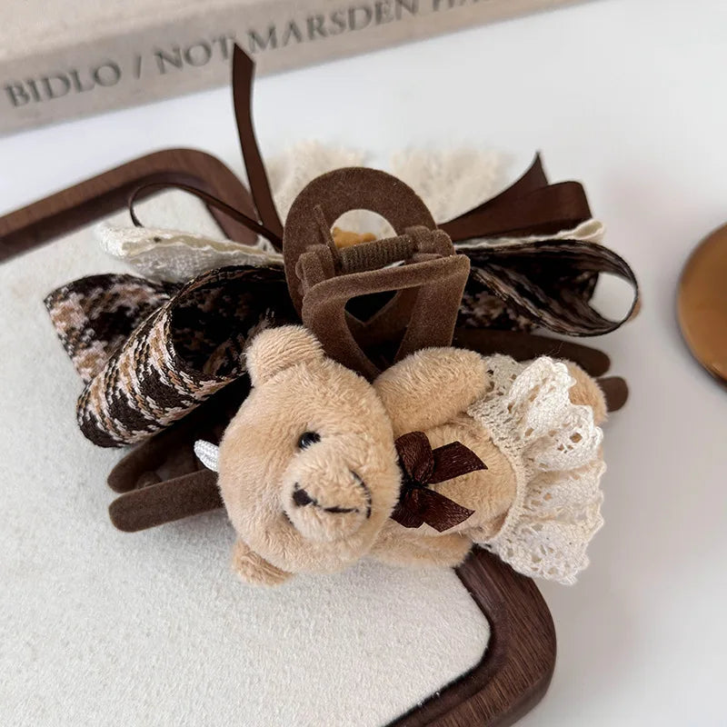 1pc Cartoon fabric teddy bear clip hair clip, new autumn and winter checkered bow headband, shark clip hair clip hair accessory