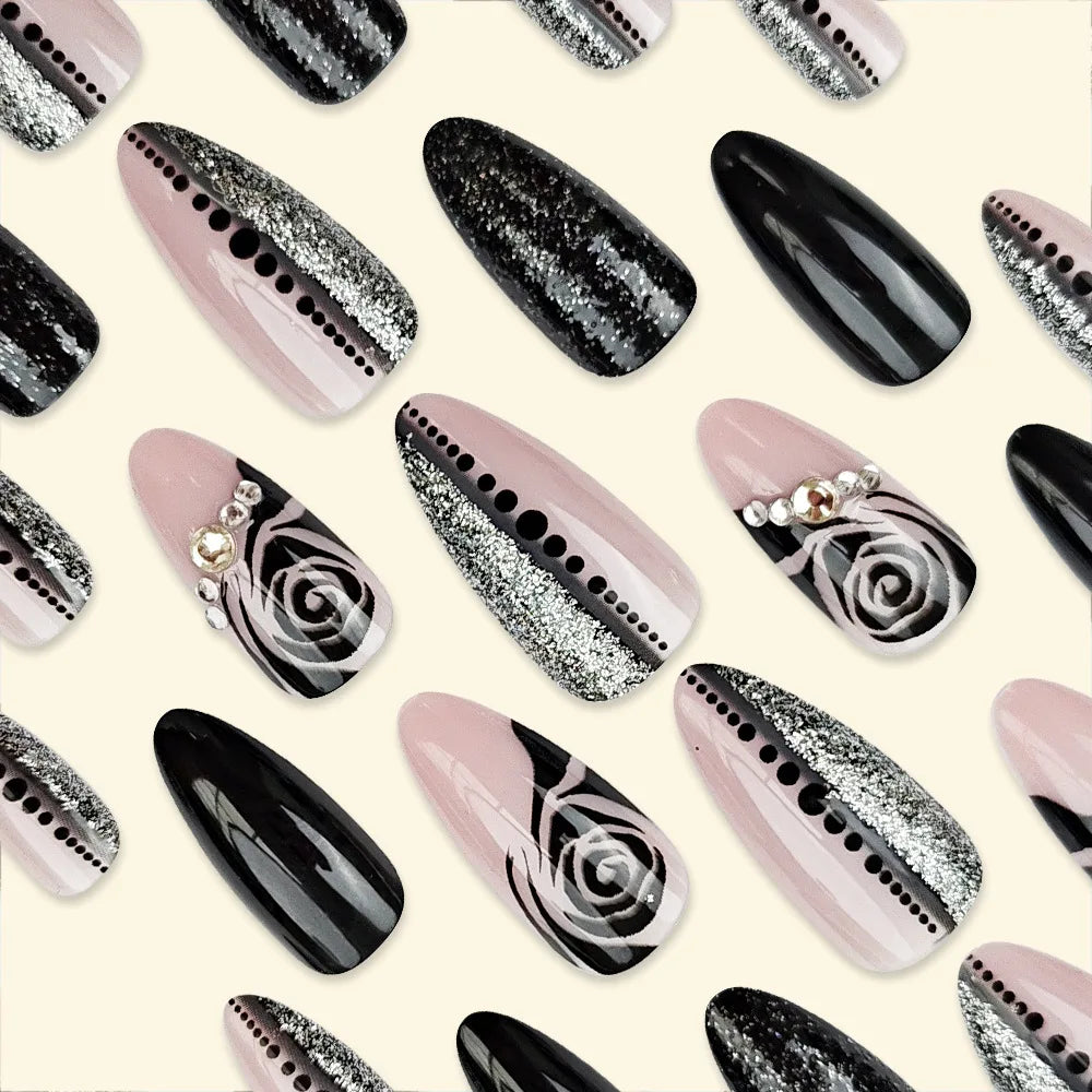 Black Cool Fake Nails Halloween Bat Press on Nails Almond Decorated Nail Tips Rivet Bow False Nails 24pcs Reusable Acrylic Nails