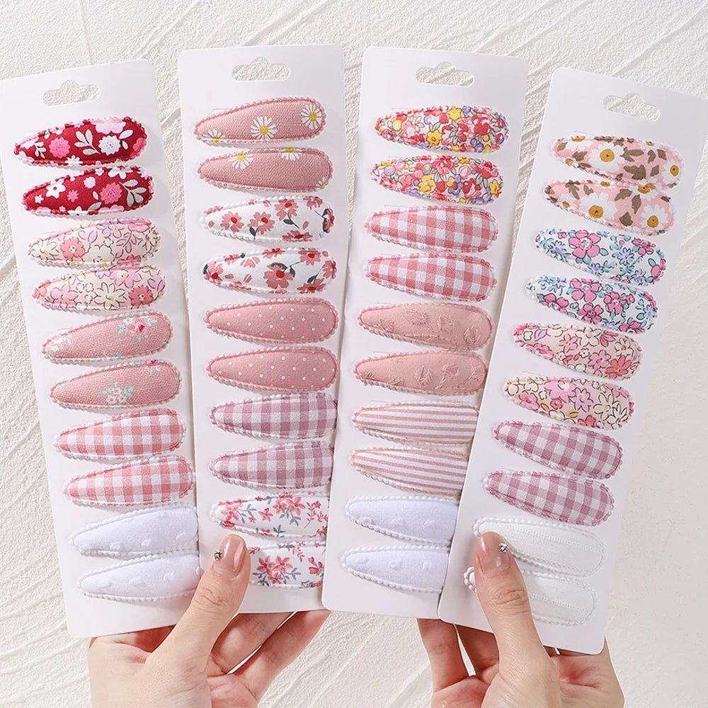 10Pcs/Lot Fresh Print Cotton Alloy Hair Clips for Kids Fabric Plaid BB Hairpins Girl Hairgripe Headwear Baby Hair Accessories