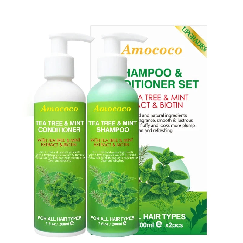 Amococo 2pcs X 200ml Tea Tree Shampoo and Conditioner Set with Mint Biotin Refreshing Scalp Care Hair Care Duo Volumizing Smooth Hair Formula for All Hair Types