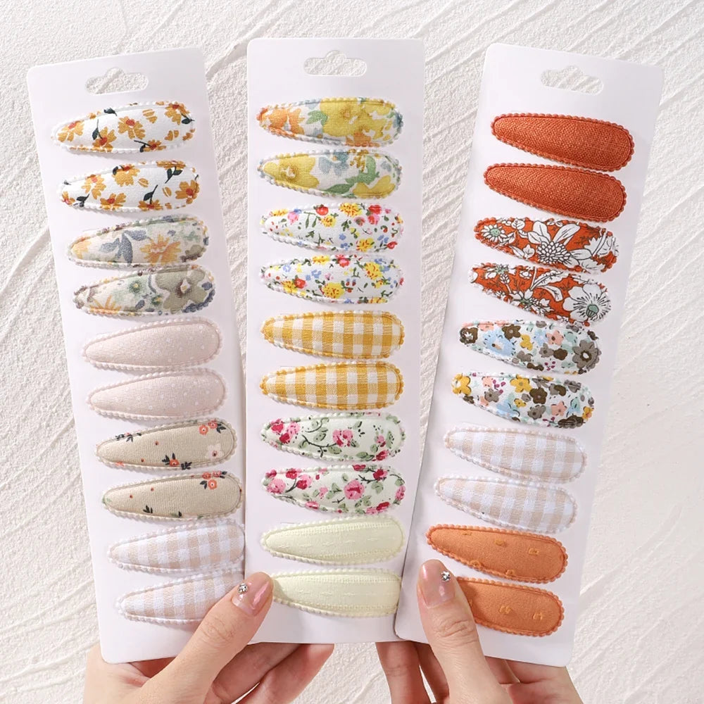 10Pcs/Lot Fresh Print Cotton Alloy Hair Clips for Kids Fabric Plaid BB Hairpins Girl Hairgripe Headwear Baby Hair Accessories