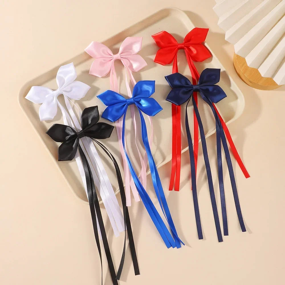 BABY BOWS 2Pcs Silky Satin Long Tassel Bow Hair Rubber Bands Sweet Ribbon Bow Hair Ties for Girls Head Decor