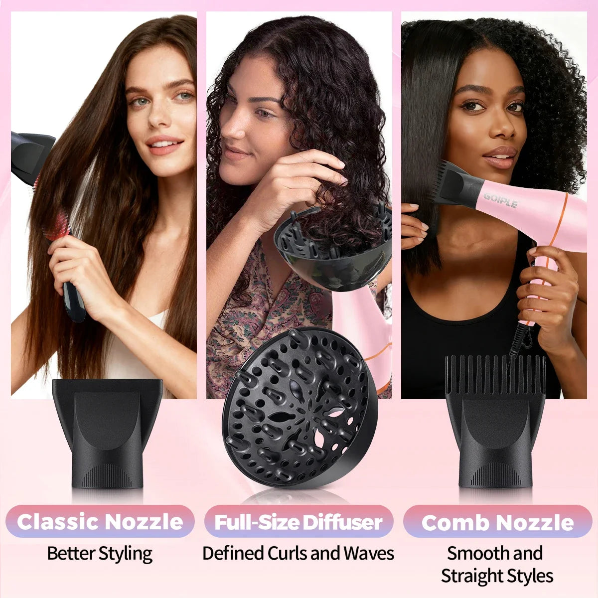 GOIPLE Blow Dryer Set with Multi-Accessories, Pink Hair Dryer with Round Brush and Attachments for All-Round Styling