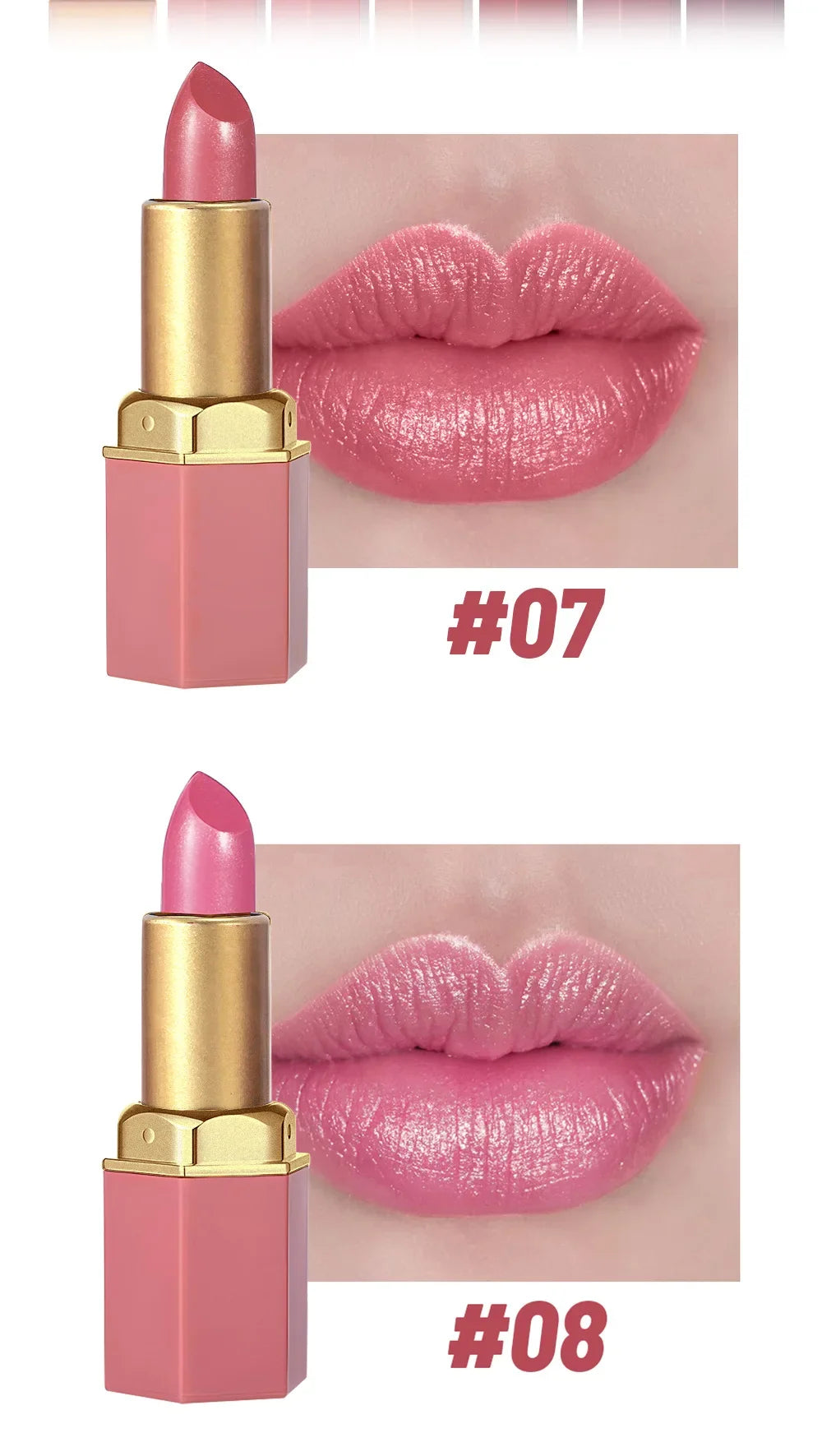 6 Colors Gold Bar Lipstick Diamond Pearlescent Glitter High Shine Non Sticky Long Lasting Pink Lips Makeup