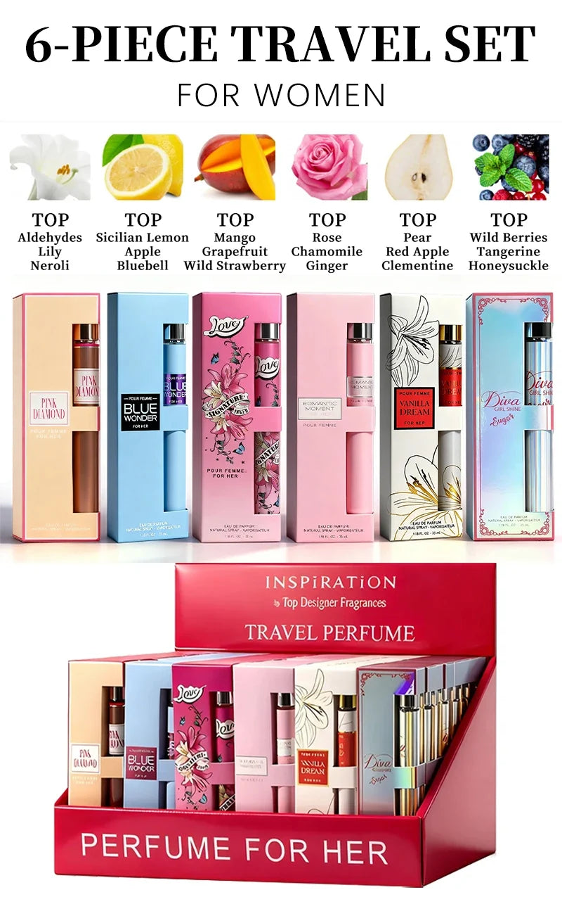 6-piece travel set, men's and women's eau de toilette spray, long-lasting fragrance, 6 different flavors, perfect for holiday gi