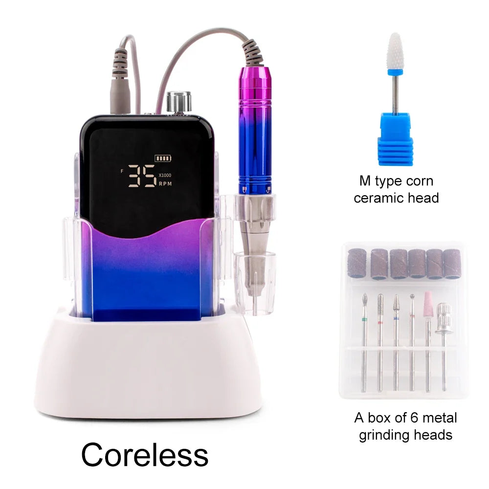 Coreless Motor Handle 35000RPM Portable Professional Nail Drill with Desktop Base 35K Cordless Battery Wireless Powerful Wave