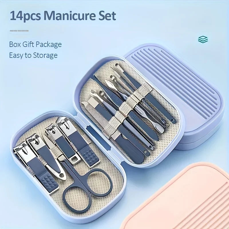 14 Piece Deluxe Nail Care Kit Pink & Blue Stainless Steel Manicure & Pedicure Set with Nail Scissors Clippers Ear Digging Spoon