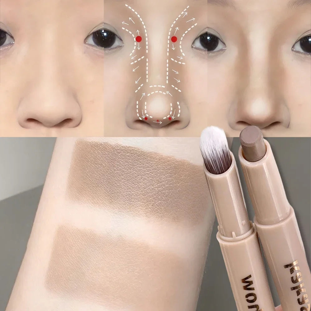 3D Contouring Pen Matte Bronzer Stick Grey Brown Nose Shadow Contour Pen With Brush Double Head Facial Contour Stick Makeup