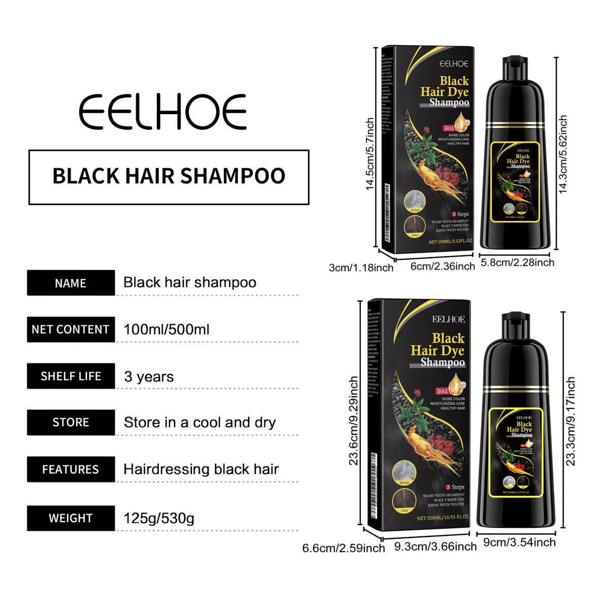 EELHOE Black Hair Dye Shampoo 3 in 1 Growth Clean Hair Darkening Deep Nourishing Black Hair Dye Shampoo Natural Organic Herbal