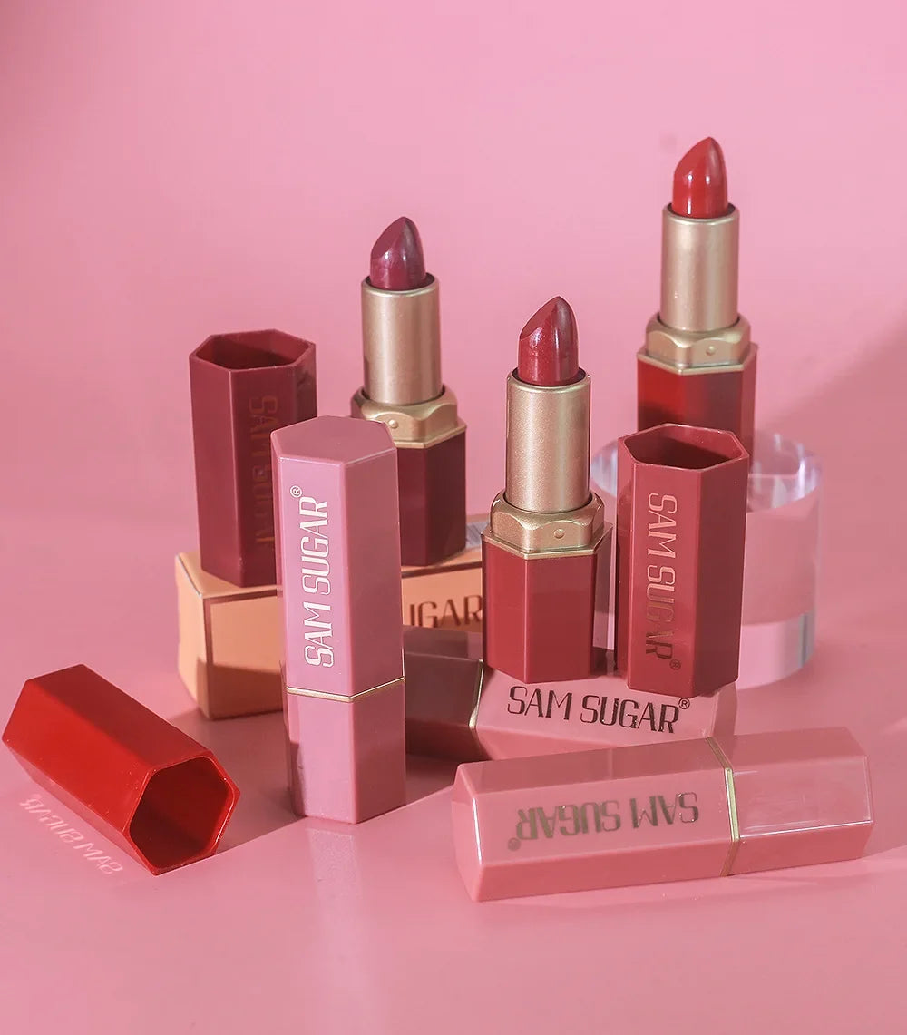 6 Colors Gold Bar Lipstick Diamond Pearlescent Glitter High Shine Non Sticky Long Lasting Pink Lips Makeup