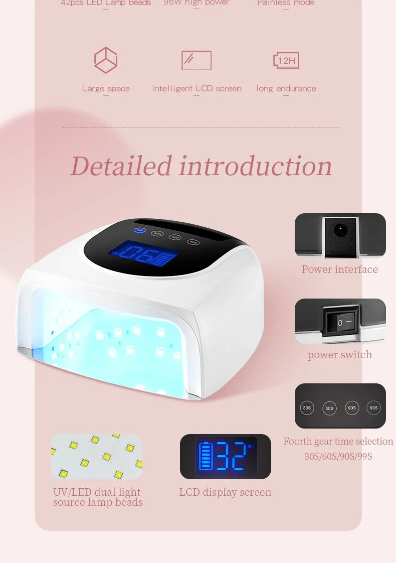 96W Magnetic Removable Bottom Nail Lamp Wireless Gel Polish Dryer Manicure Machine UV LED Light for Nail Portable Nail Lamp