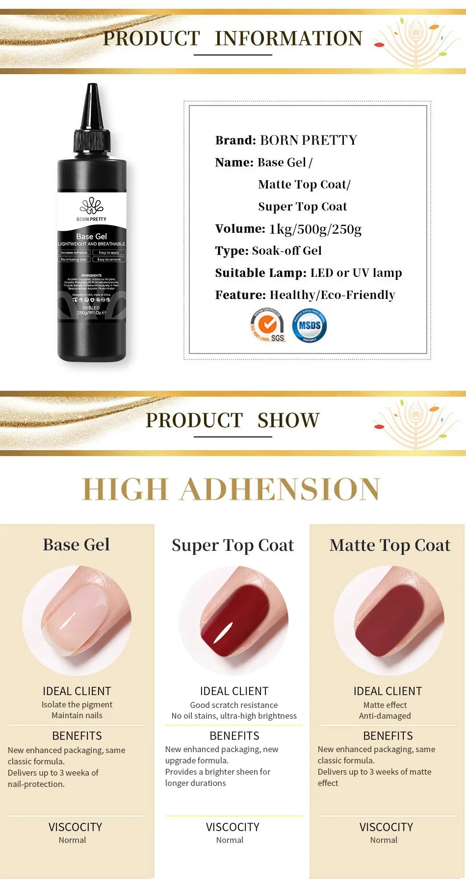 BORN PRETTY 250g Super Top Coat Gel Nail Polish Base Gel Matte Top Coat Semi-Permanent Varnish Soak Off Nail Art Functional Gel