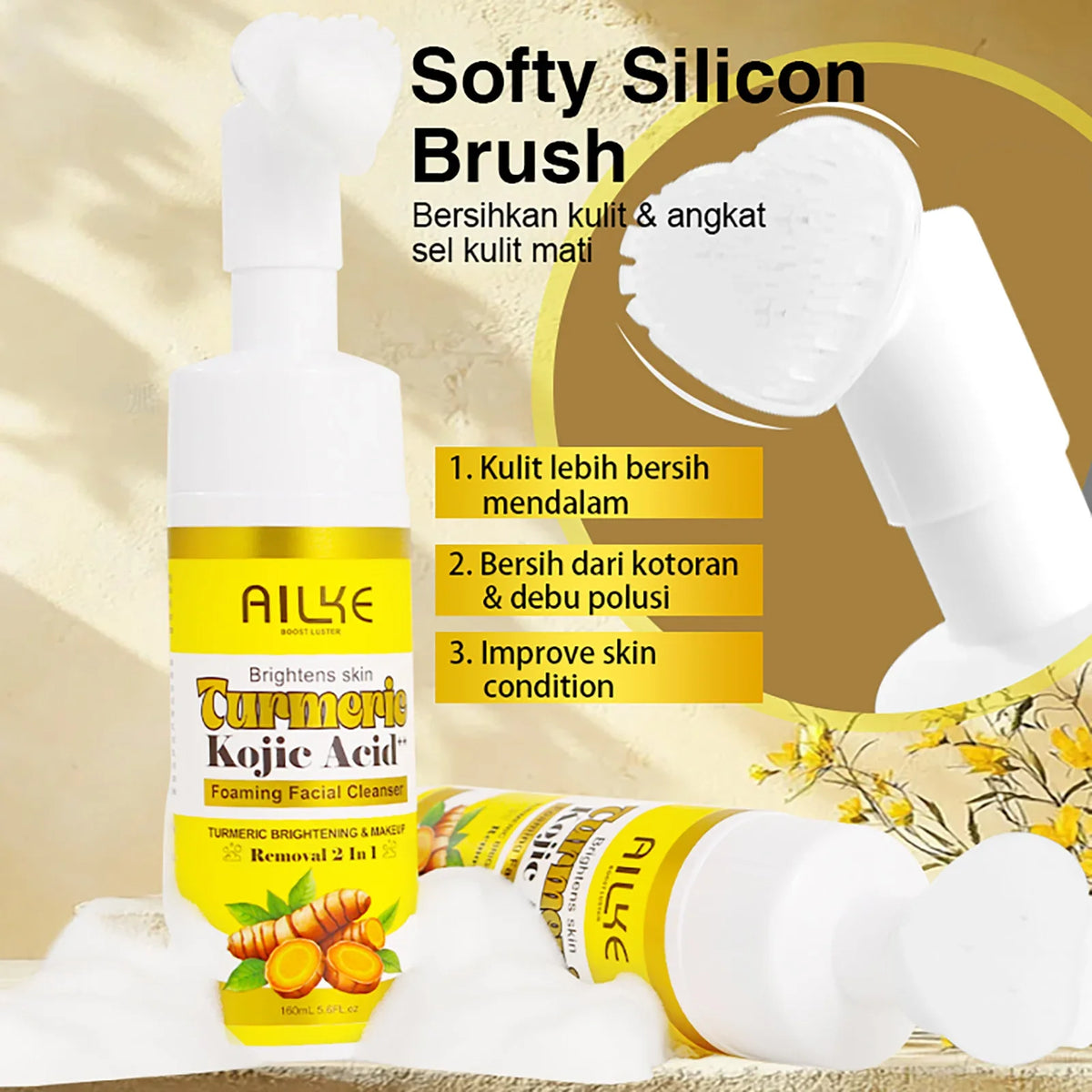 AILKE Brightening Foaming Facial Cleanser, With Natural Turmeric, Kojic Acid, Remove Makeup Residue and Acne, Clean Skin,160 ml