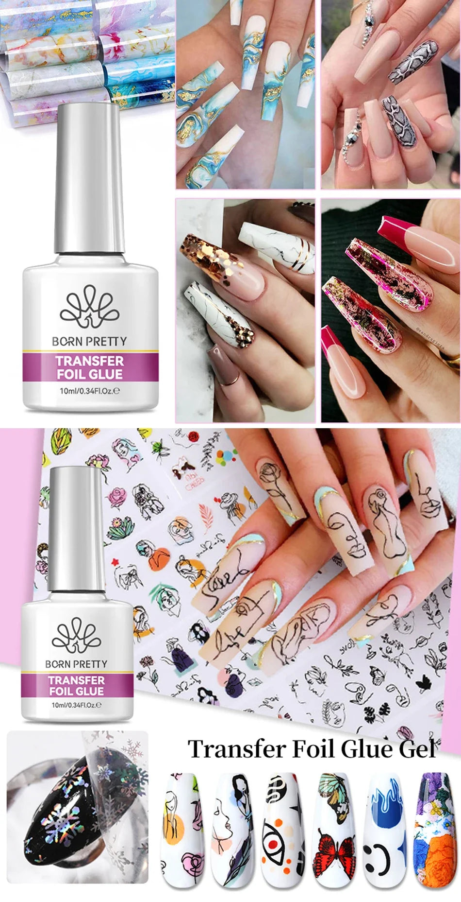 BORN PRETTY Transfer Foil Nail Gel Polish Semi-Permanant Varnish For Adhesive Sticker Nail Glue Soak Off UV LED Gel Nail Art Man
