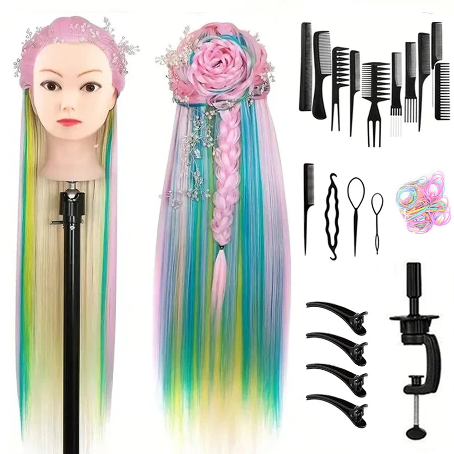 24Inch Mannequin Head with Fiber Hair Model Practice Hairdressing Doll Head Styling Hairdressing Training Braided