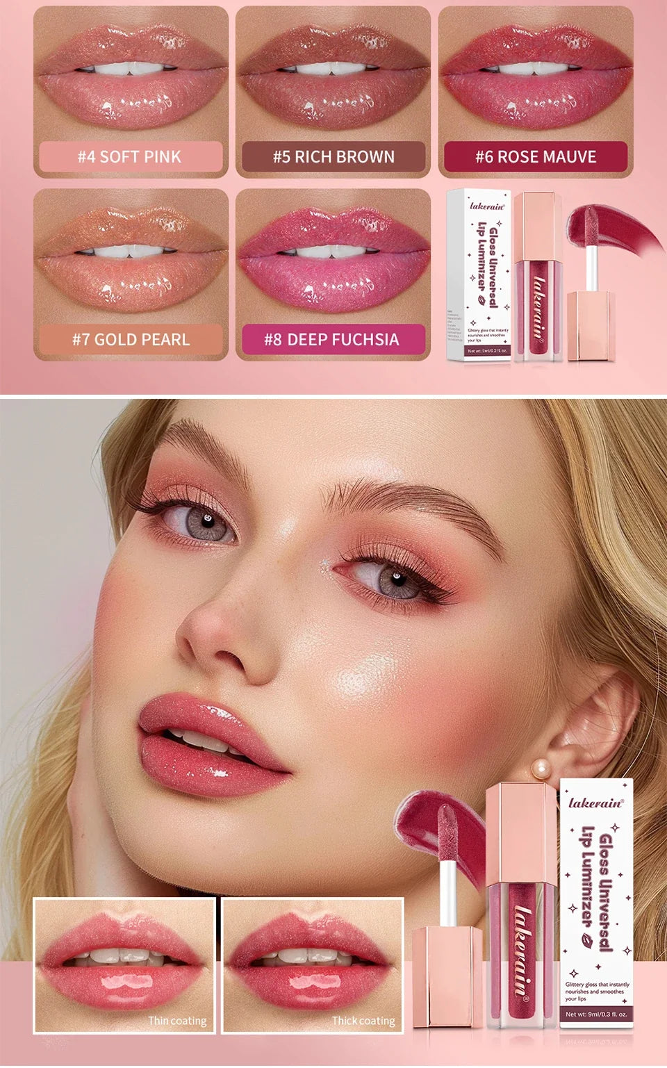 Diamonds Glitter Gloss Universal Lip Luminizer 8 Colors Lip Gloss Non-sticky Moisturizing Plumper Long Lasting Glitter Liquid