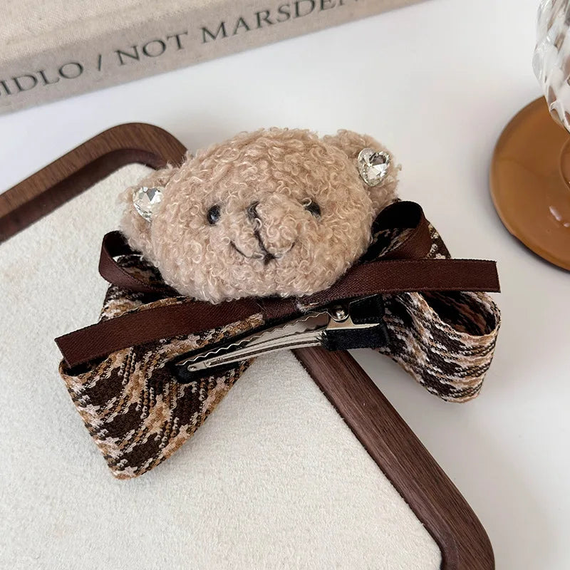 1pc Cartoon fabric teddy bear clip hair clip, new autumn and winter checkered bow headband, shark clip hair clip hair accessory