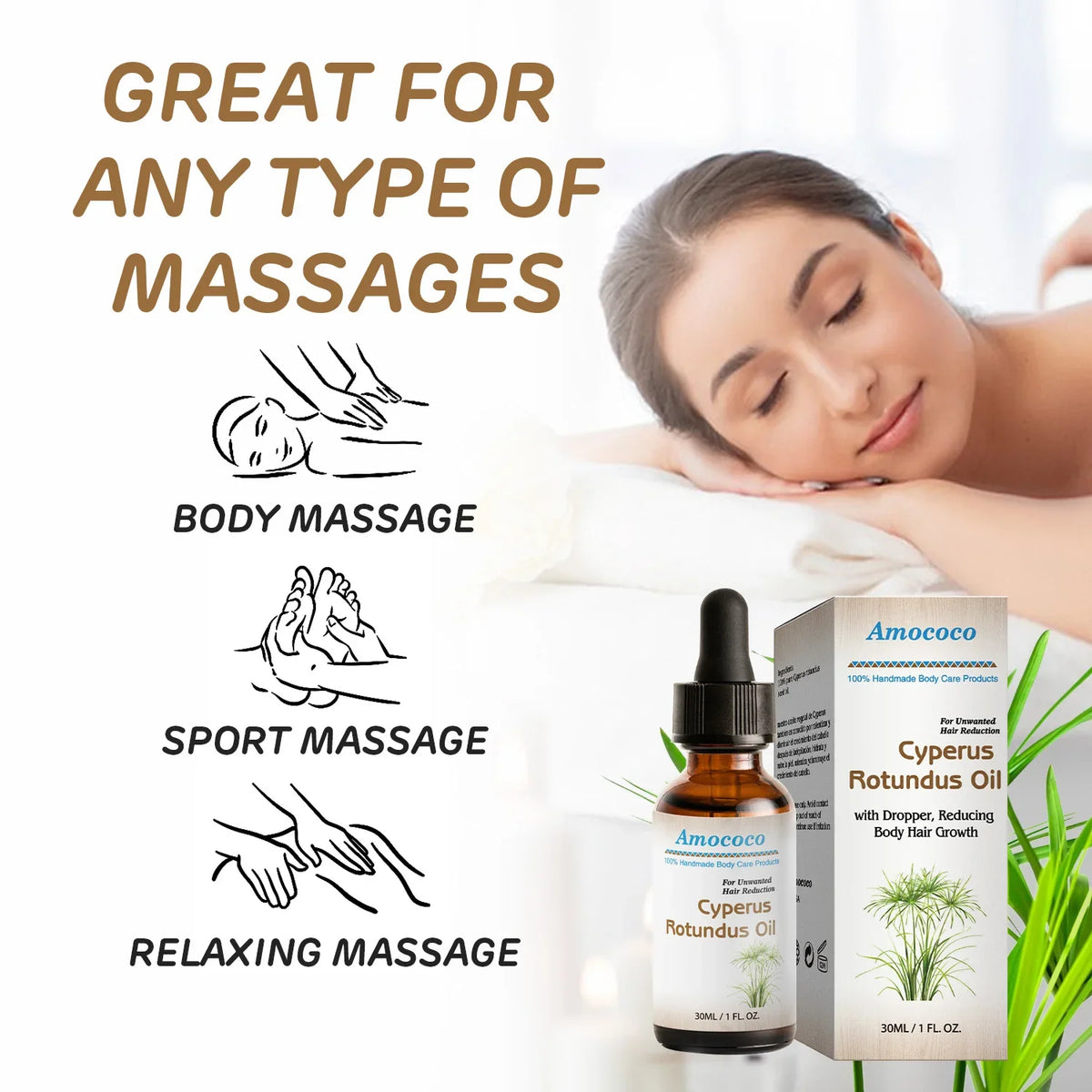 Amococo 3/6pcs Cyperus Rotundus Oil 30ml Natural Body Face Moisturizing Oil with Dropper Helps Soothe Skin After Hair Removal Non-Greasy Hydrating Serum