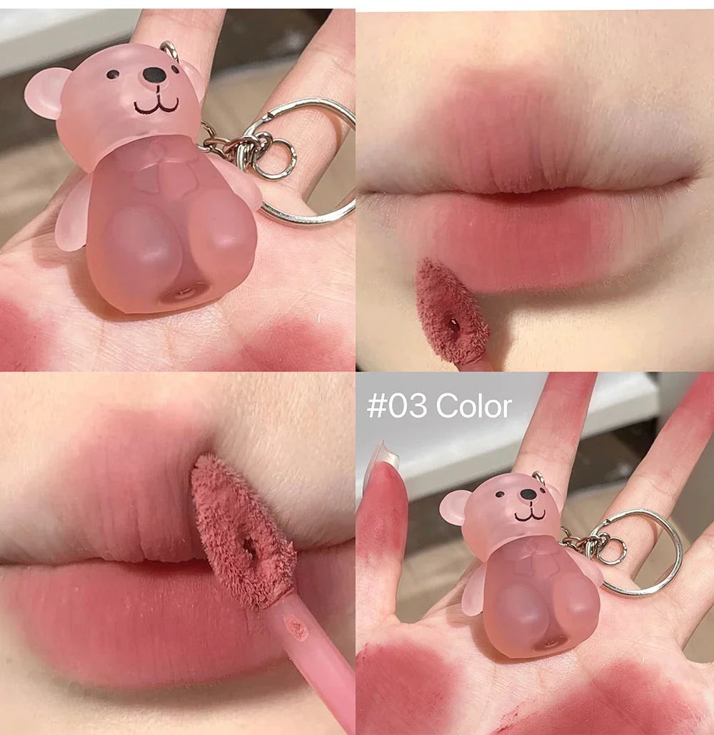 Cute Bear Velvet Lip Mud Keychain Matte Nude Red Lip Gloss Autumn Winter Non-stick Cup Lipstick Waterproof Lasting Lips Makeup