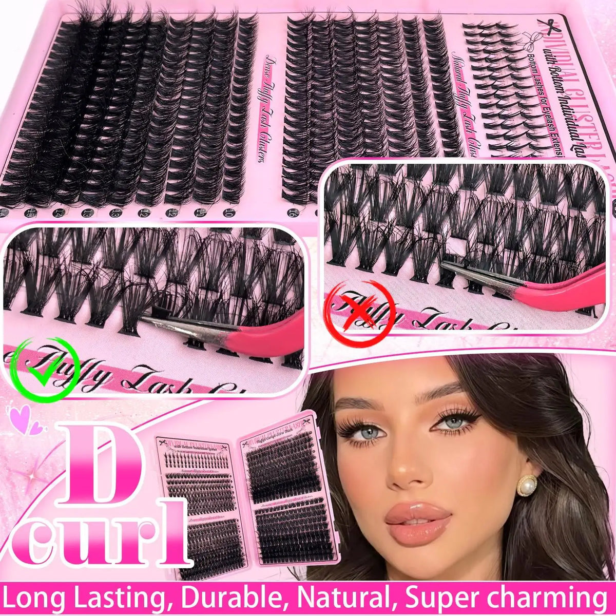 17 Pairs D Curl Cluster Eyelash Extensions, soft reusable fluffy thick upper & lower DIY individual lashes.