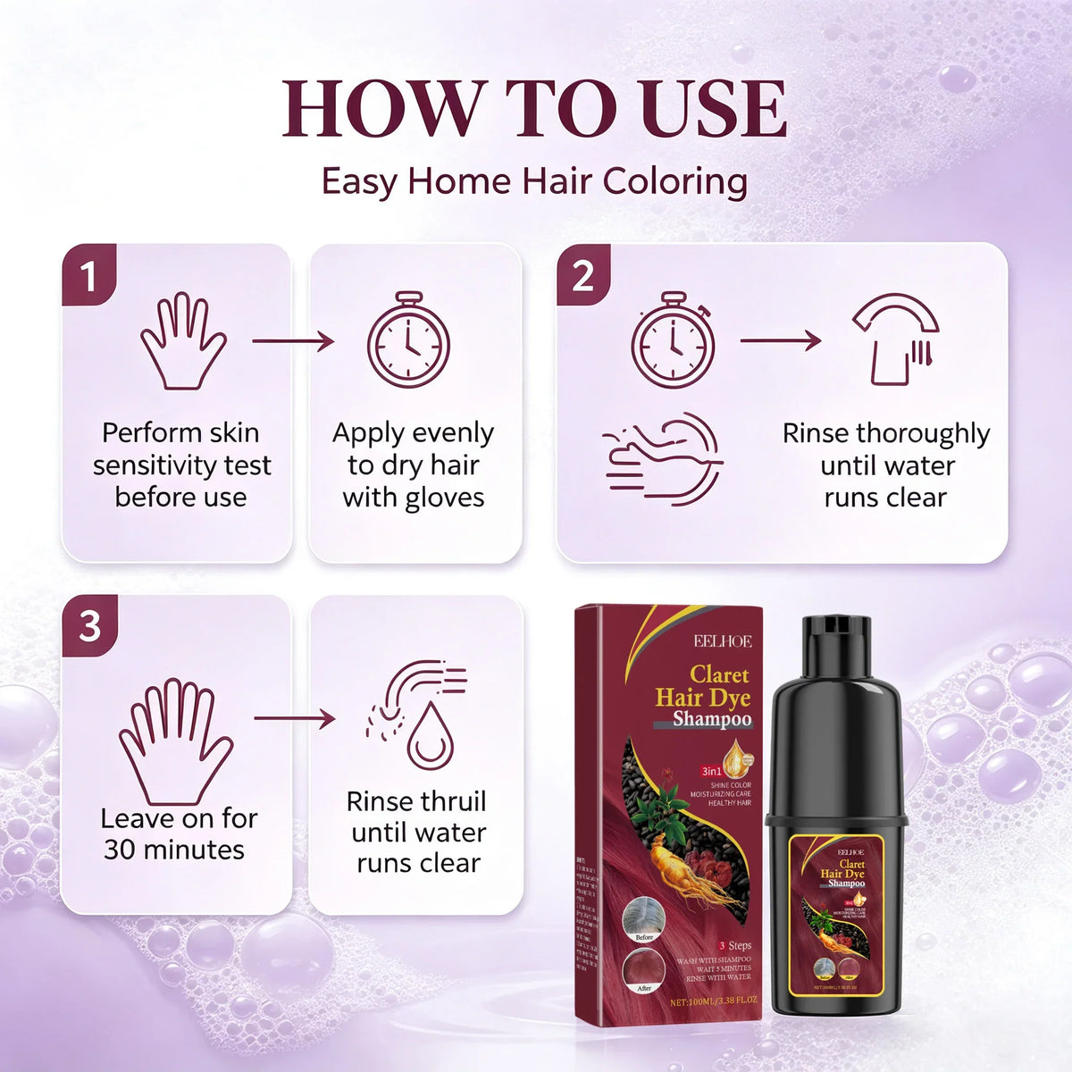 Fast-acting Hair Dye Shampoo Deep Wine Red 3 In 1 Natural Herbal Plant Extract Instant Coloring Shampoo For Gray White Hair Coverage Nourish Scalp
