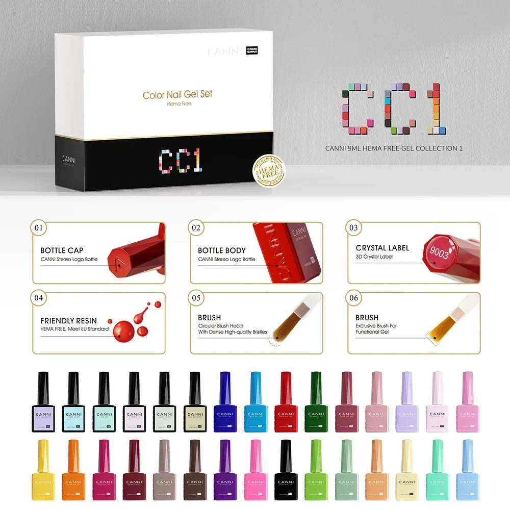 CC8 New Kit CANNI 9ML Nail Gel Polish HEMA/TPO FREE 30pcs Color Gel Pigment Professional Long Wear Top Coat Gel Varnish Set