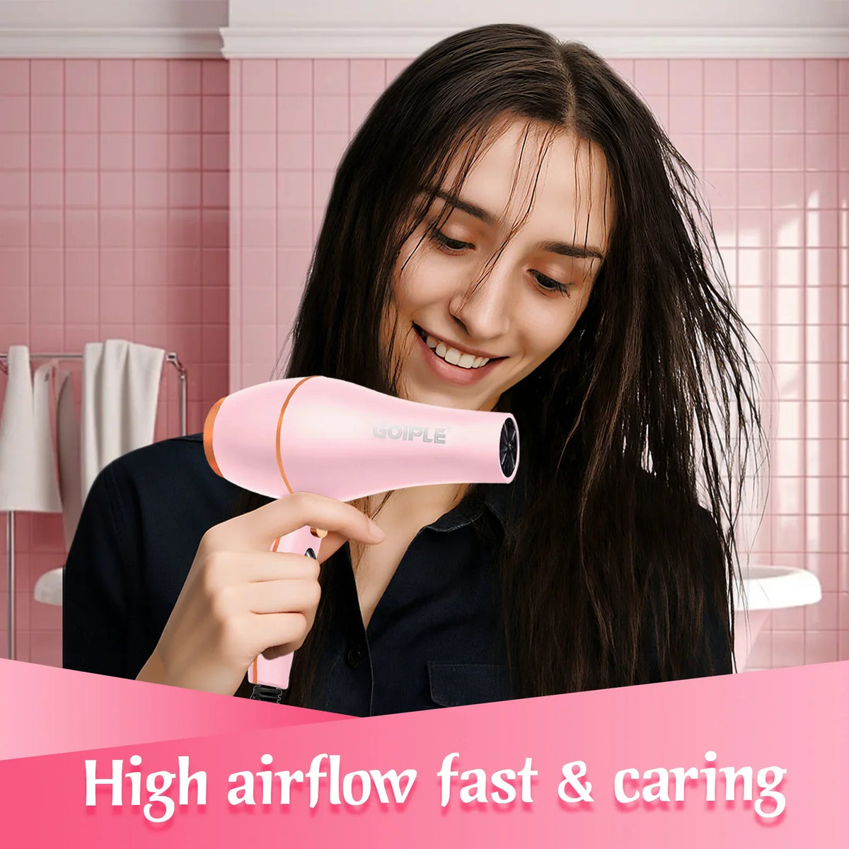 GOIPLE Blow Dryer Set with Multi-Accessories, Pink Hair Dryer with Round Brush and Attachments for All-Round Styling