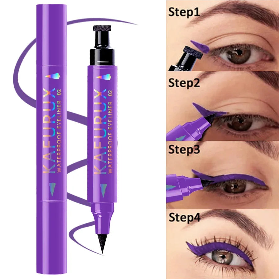 3 Colors Double Head Star Seal Eyeliner Waterproof Stamp Pen Black Blue Purple Eye Liner Pencil Fast Drying Lazy Eye Makeup