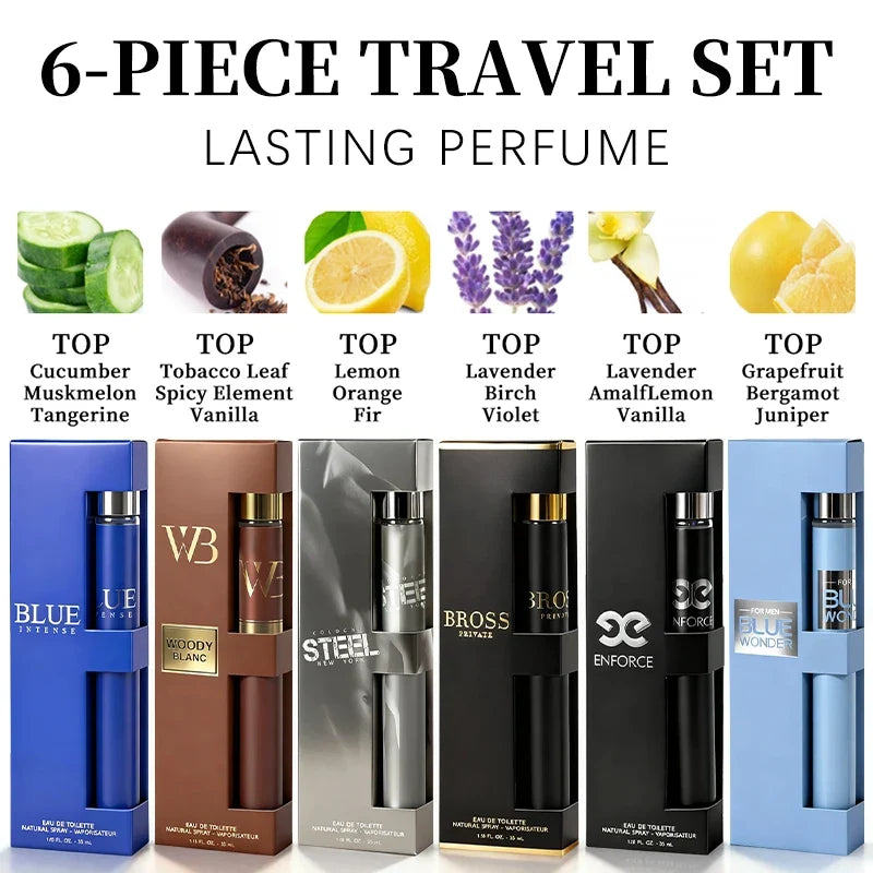6-piece travel set, men's and women's eau de toilette spray, long-lasting fragrance, 6 different flavors, perfect for holiday gi