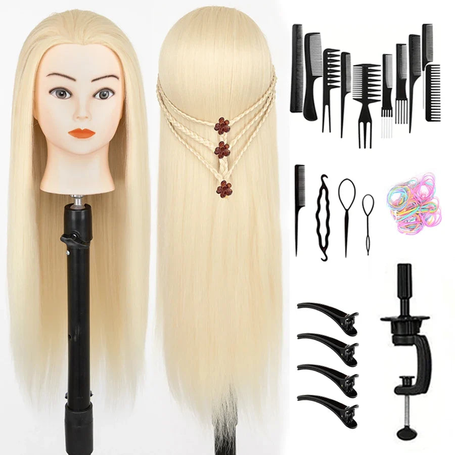 24Inch Mannequin Head with Fiber Hair Model Practice Hairdressing Doll Head Styling Hairdressing Training Braided