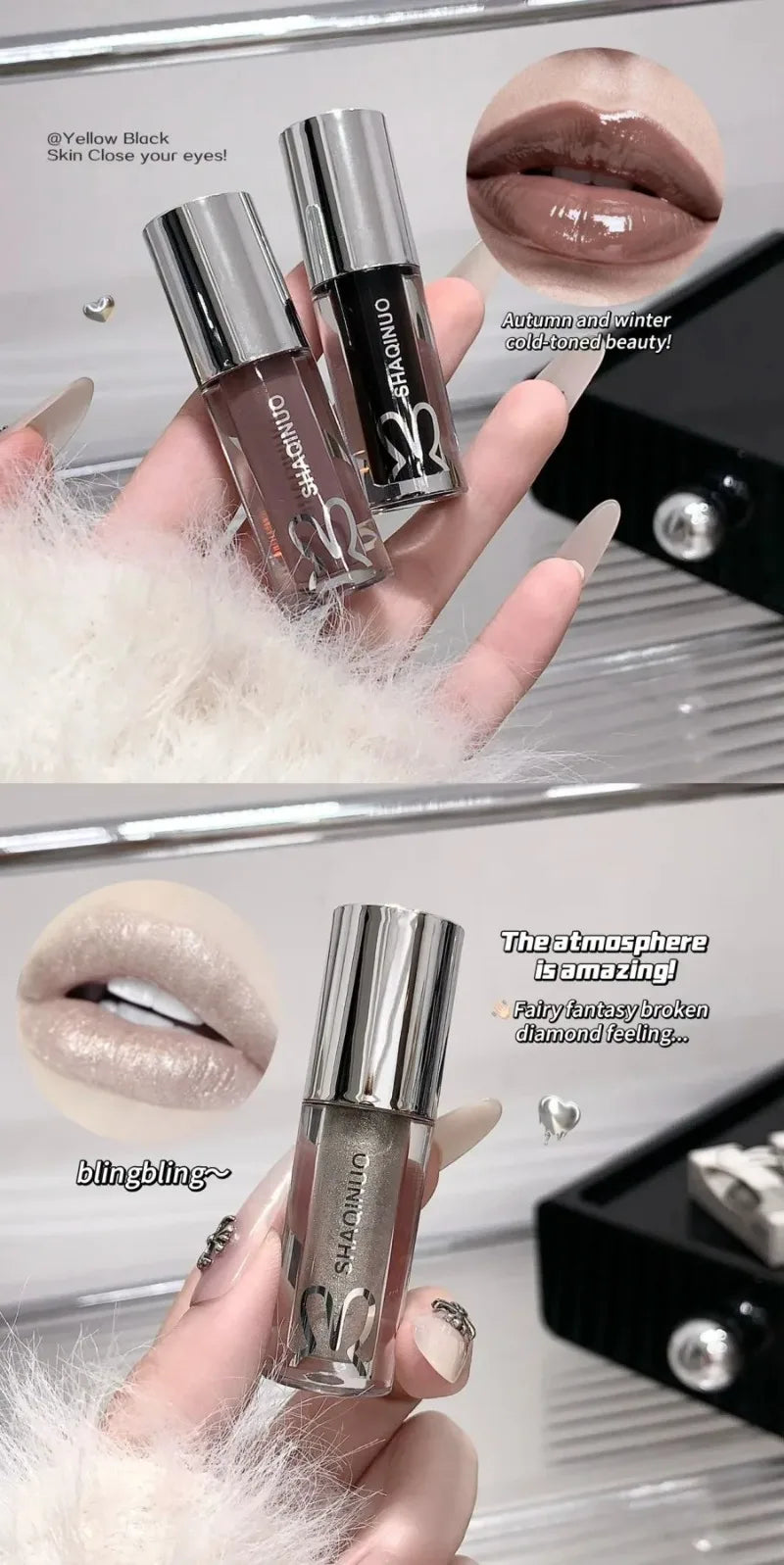 Black Gothic Lip Gloss Mirror Moist Matte Gothic Pure Black Silver Fine Flash Lip Glazed Low Saturation Lasting Lip Tint Makeup