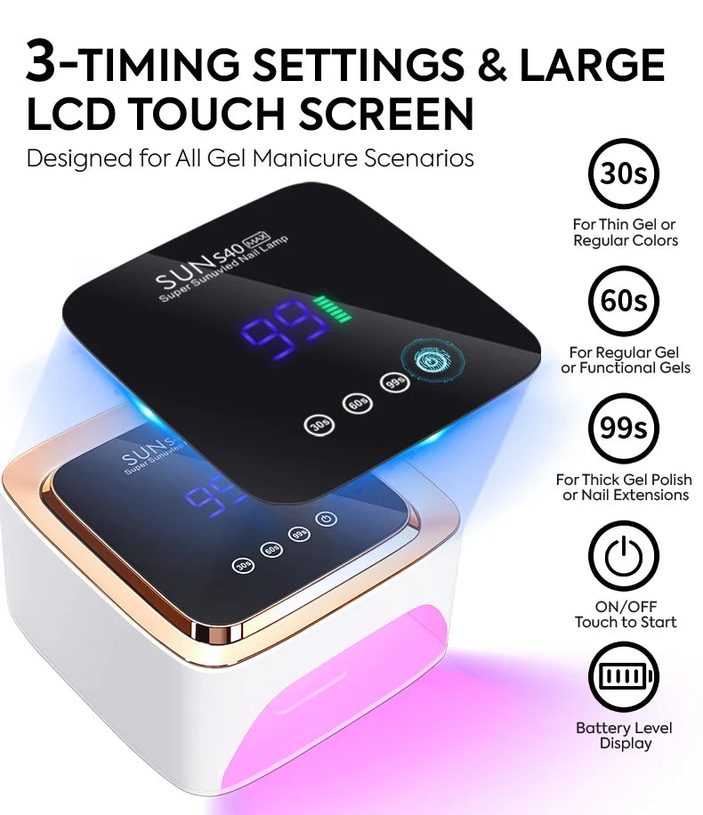 Cordless UV/LED Nail Lamp (57 Beads) – 3-Timer Settings, Detachable Base & 2000mAh Rechargeable Battery