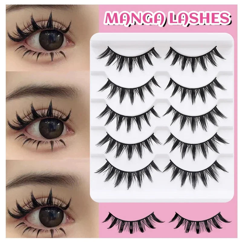 DINGSEN 5 Pairs Manga Lashes Cosplay Fake Eyelashes Strip Lash Soft Natural Look Fox Eye Korean Manhua Makeup False Eyelashes