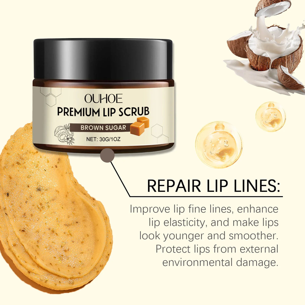 Brown Sugar Lip Scrub Gentle Exfoliating Dead Skin Removal Fade Lip Lines Moisturizing Nourishing Dry Chapped Lip Care 30g