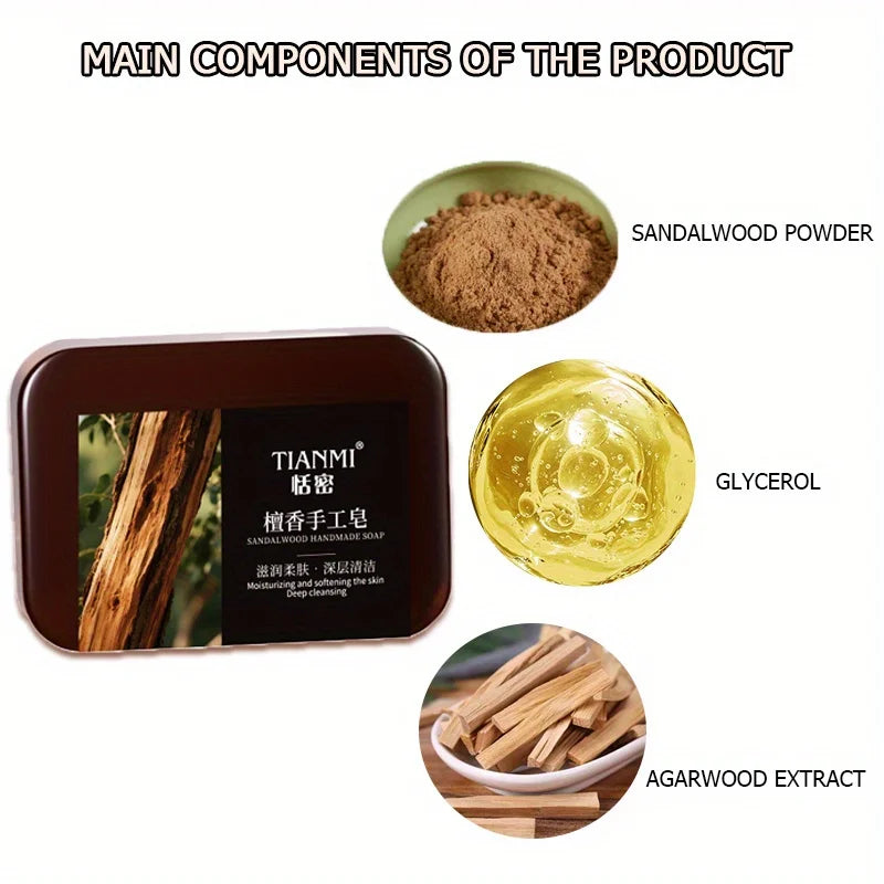 2PCS Sandalwood Handmade Soap, Rich in Sandalwood Extract and Glycerin, Deeply Cleanses, Removes Makeup, Father's Day