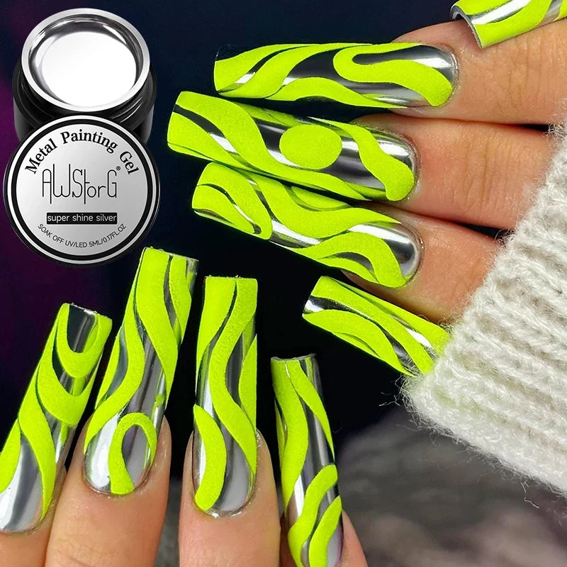AWStorG 5ML Super Silver Metallic Gel Nail Polish Metal Effect Painting Gel Chromes Varnis Semi Permanent for Nail DIY