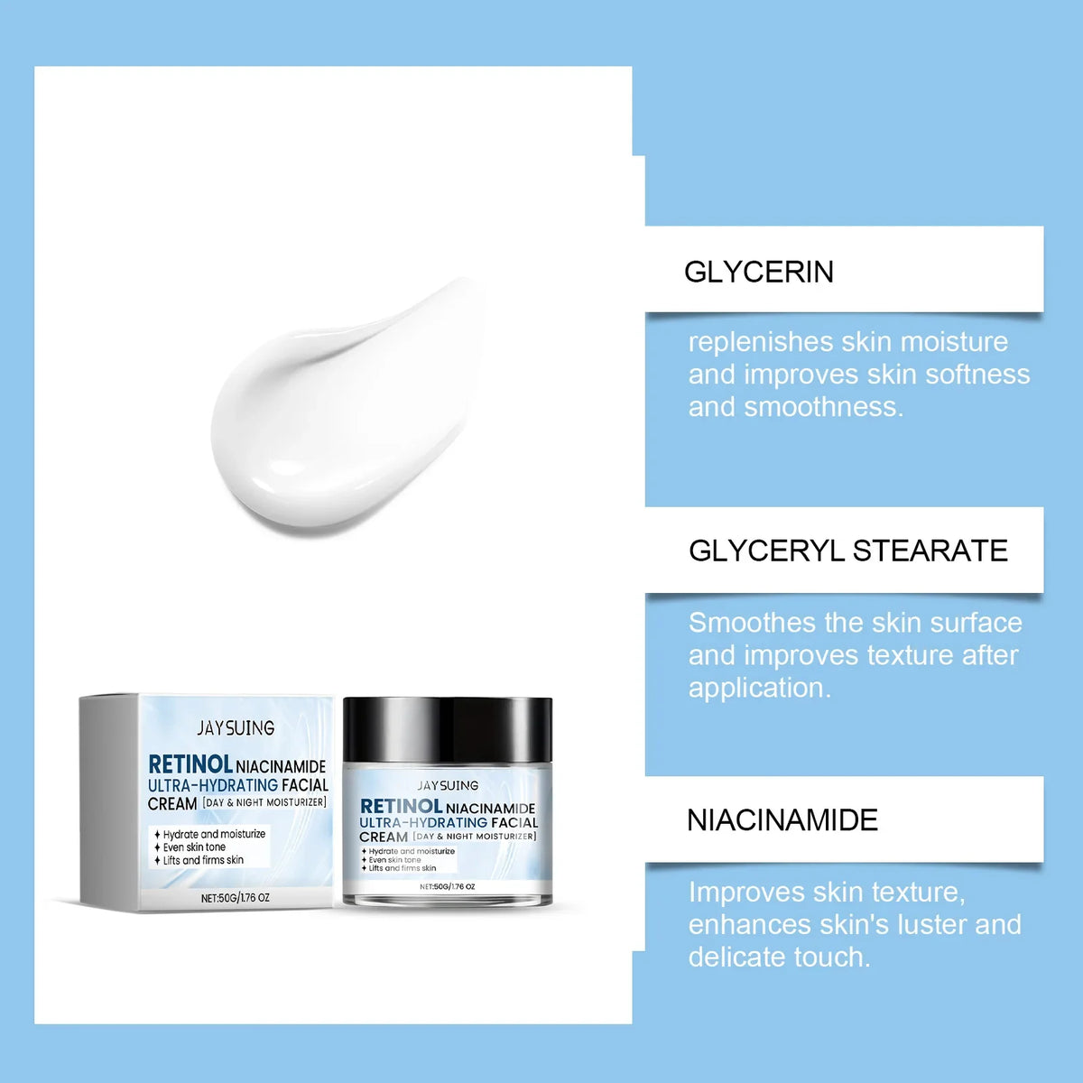 Hydrating Face Moisturizer with Niacinamide Hyaluronic Acid Retinol Repair Skin Barrier Day Night Long-Lasting Hydration Cream