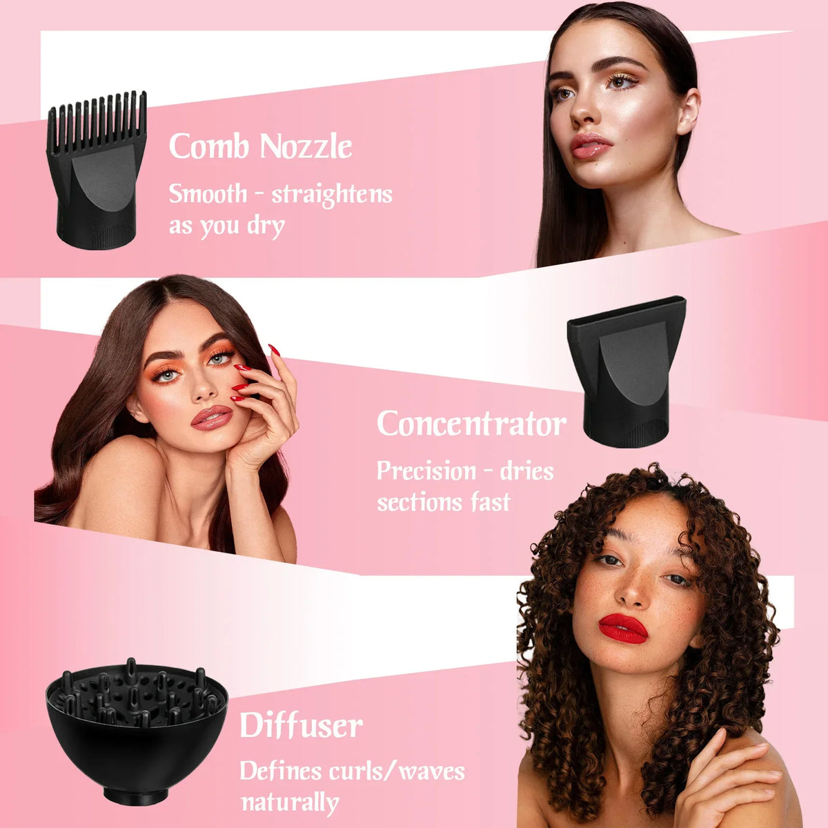 GOIPLE Blow Dryer Set with Multi-Accessories, Pink Hair Dryer with Round Brush and Attachments for All-Round Styling