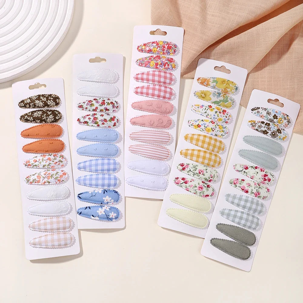 10Pcs/Lot Fresh Print Cotton Alloy Hair Clips for Kids Fabric Plaid BB Hairpins Girl Hairgripe Headwear Baby Hair Accessories