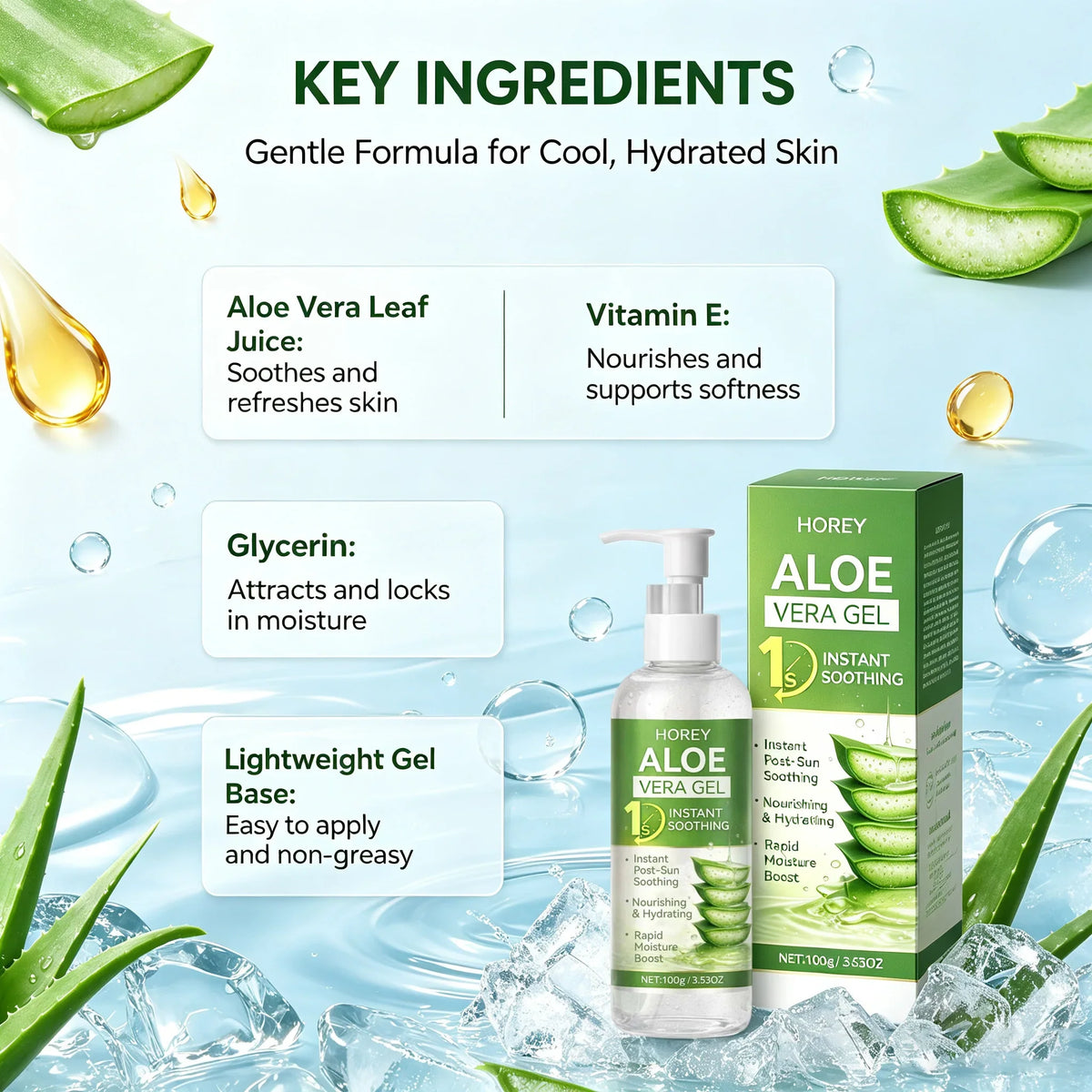 Aloe Vera Gel Instant Soothing After-Sun Moisturizing Hydrating For Face & Body Refreshing Hydrates Dry Skin with Aloe Water