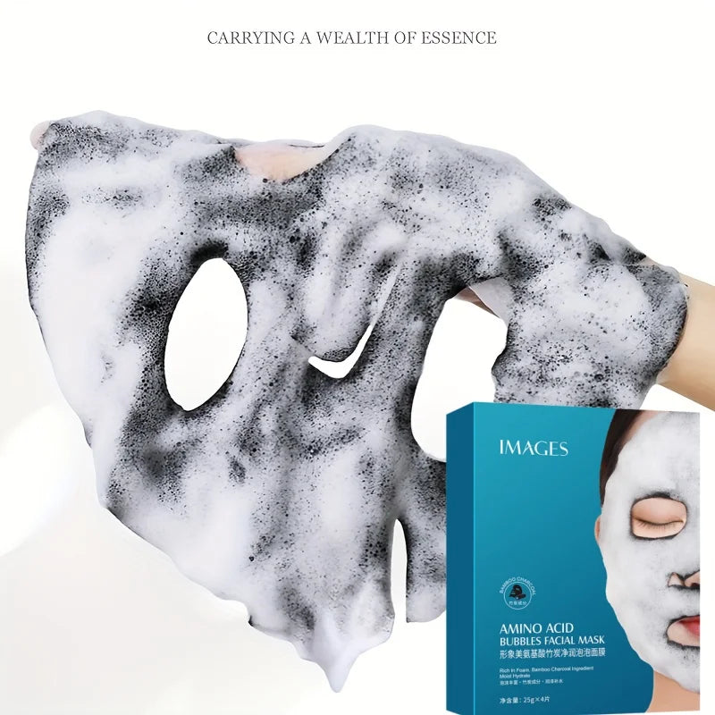 1 Box Contains 4 Pieces, Bamboo Charcoal Bubble Cleansing Mask - Hypoallergenic, Plant-Based Fiber, Deep Moisturizing and Purifying Mask, Suitable for All Light Beige Skin Types, Unisex, Multifunctional Skincare Product
