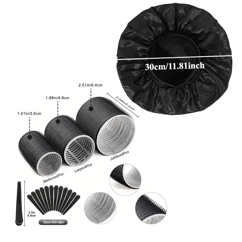31Pcs Heatless Hair Curlers Set with 18 Self Grip Rollers 12 Clips Satin Nightcap for Overnight Natural Waves Styling Kit