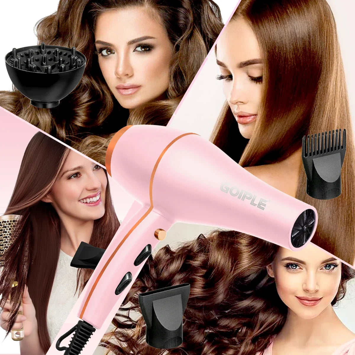 GOIPLE Blow Dryer Set with Multi-Accessories, Pink Hair Dryer with Round Brush and Attachments for All-Round Styling