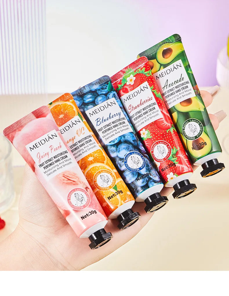 Five piece fruit scented hand cream for moisturizing and long-lasting fragrance retention. Hand care mask cream