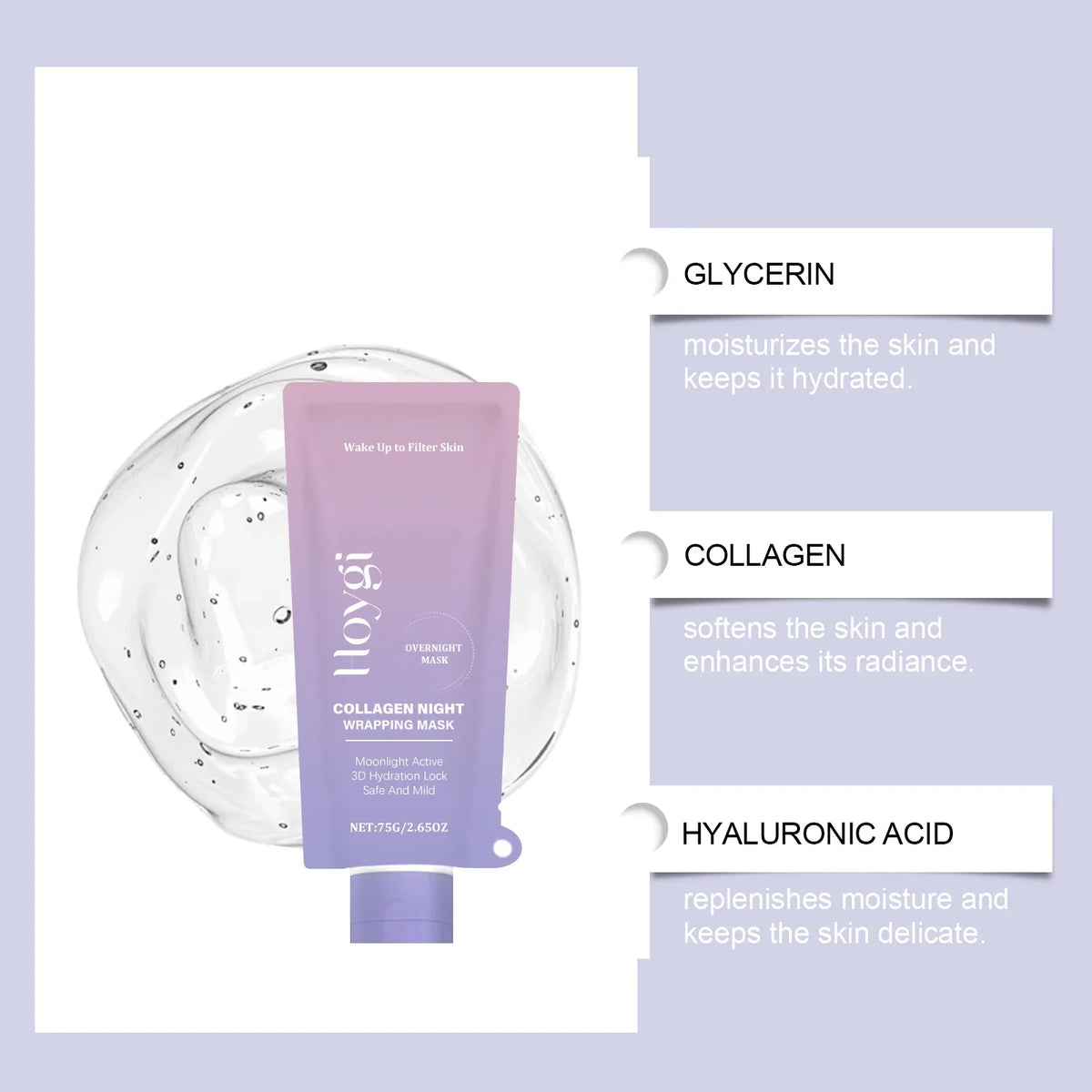 Collagen Night Wrapping Mask Firming Hydrating Glowing Skin Exfoliating Face Mask with Hyaluronic Acid for Deep Cleansing