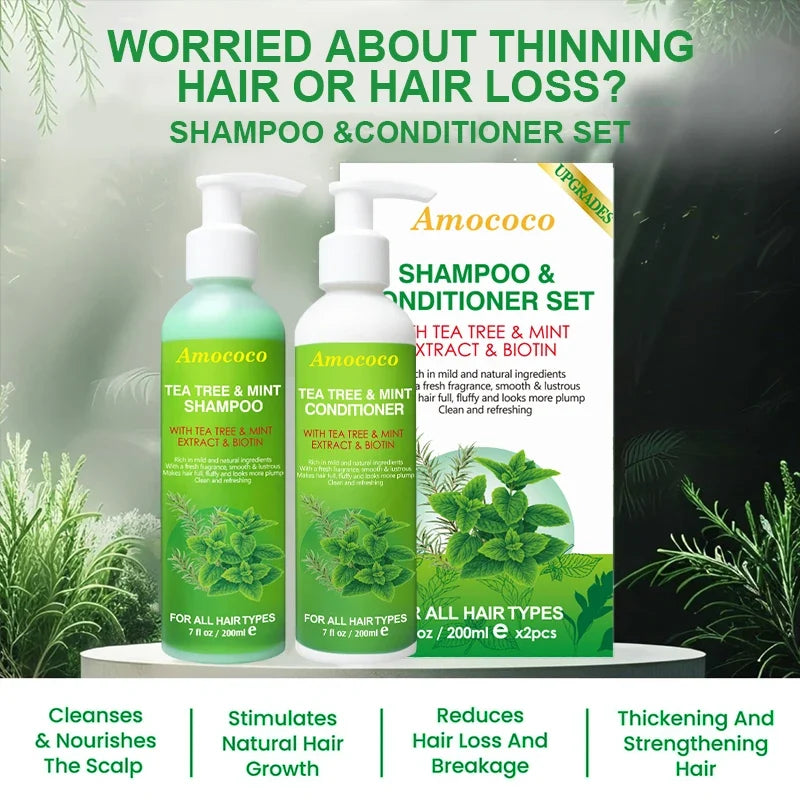 Amococo 2pcs X 200ml Tea Tree Shampoo and Conditioner Set with Mint Biotin Refreshing Scalp Care Hair Care Duo Volumizing Smooth Hair Formula for All Hair Types